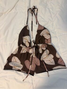Brown Floral Halter Tank with Tie Front